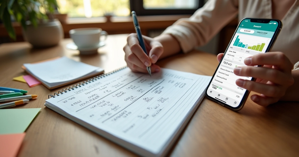 Pessoa usando caderno e smartphone para anotar despesas do cartão de crédito 