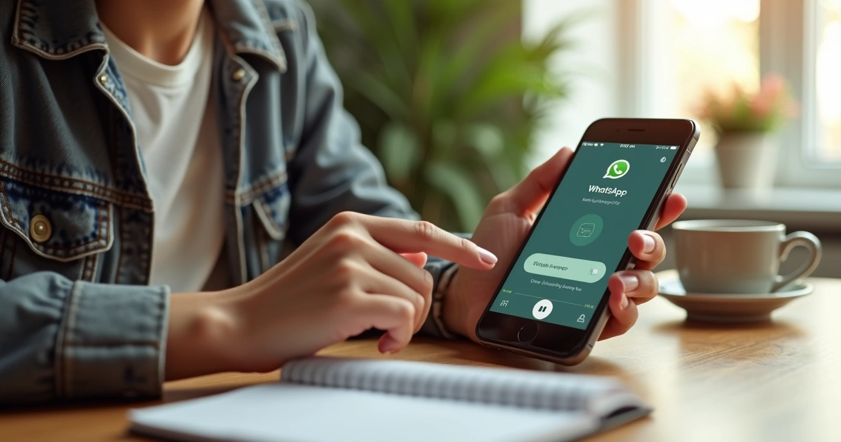 Pessoa anotando gastos no WhatsApp, sentado à mesa com celular e café 