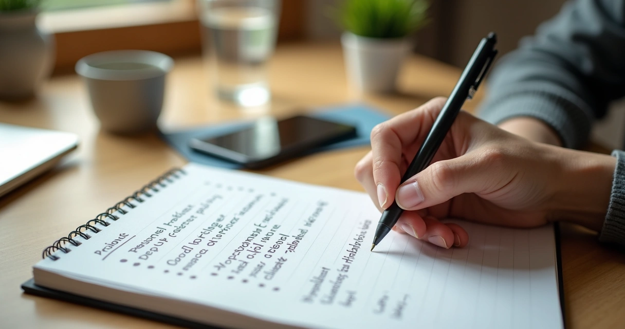 Pessoa escrevendo prioridades e limites em um caderno sobre a mesa 