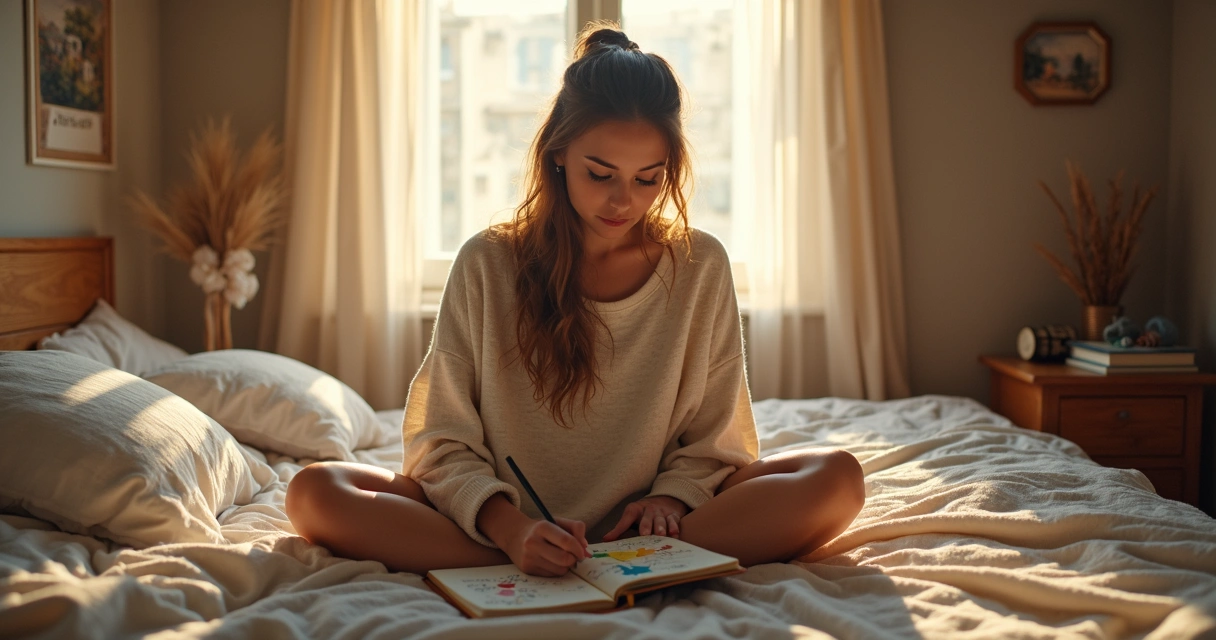 Pessoa escrevendo sonho em caderno na cama ao amanhecer 