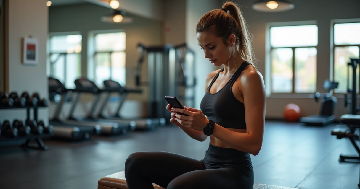 Mulher anotando treino no aplicativo em smartphone 