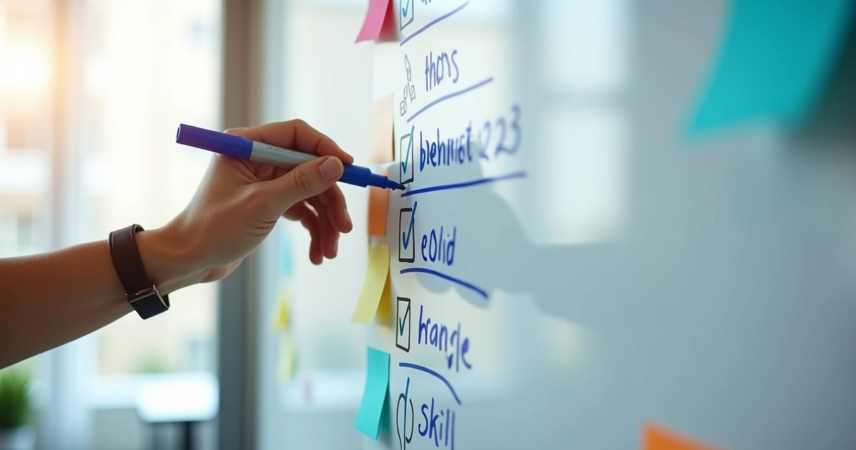 Pessoa anotando habilidades aprendidas em quadro branco 