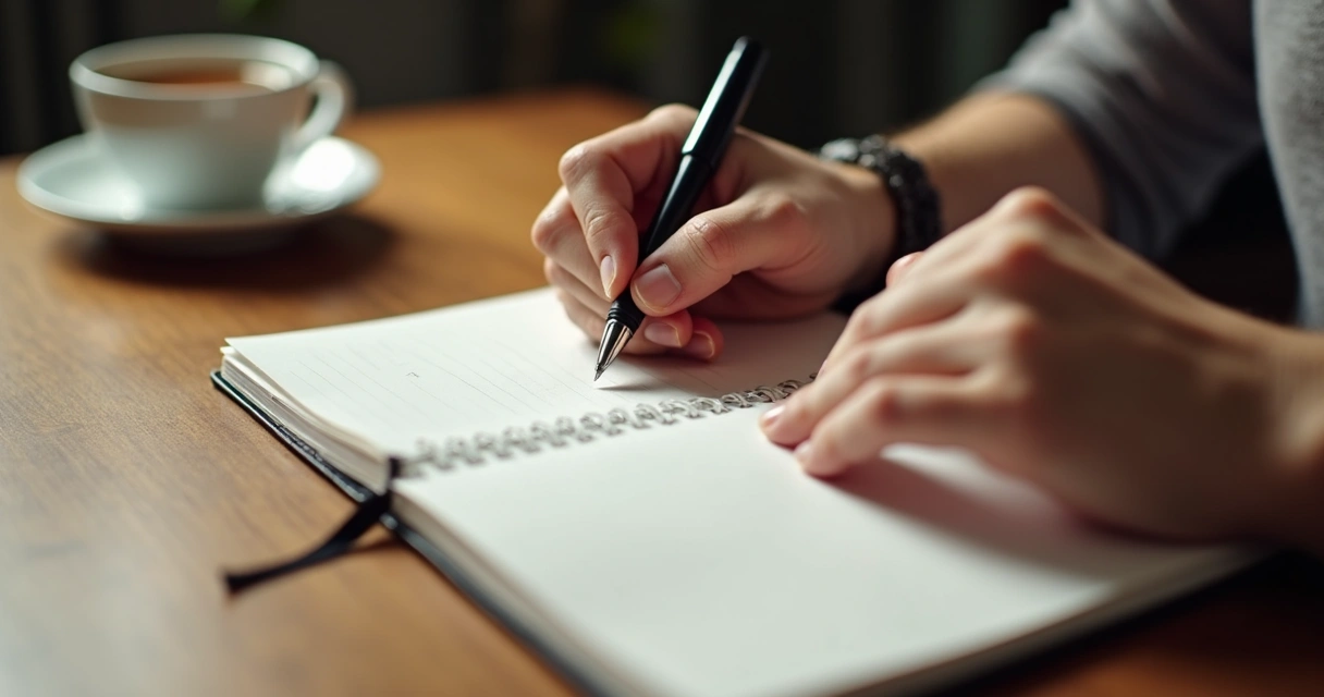 Mãos escrevendo em um caderno em uma mesa de madeira, com caneta preta e uma xícara de chá ao lado.