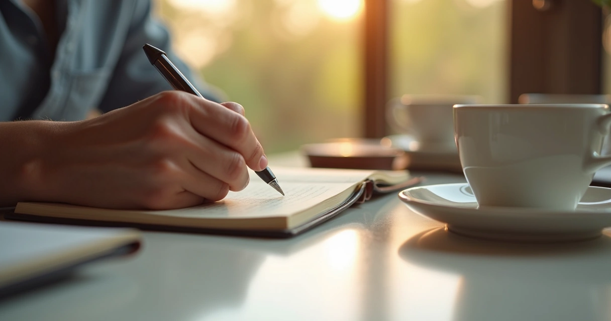 Pessoa escrevendo em diário com caneta e expressão serena 