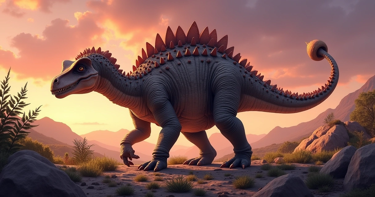 Anquilossaurus in a prehistoric landscape, showcasing its armor and defensive tail in a vibrant sunset.