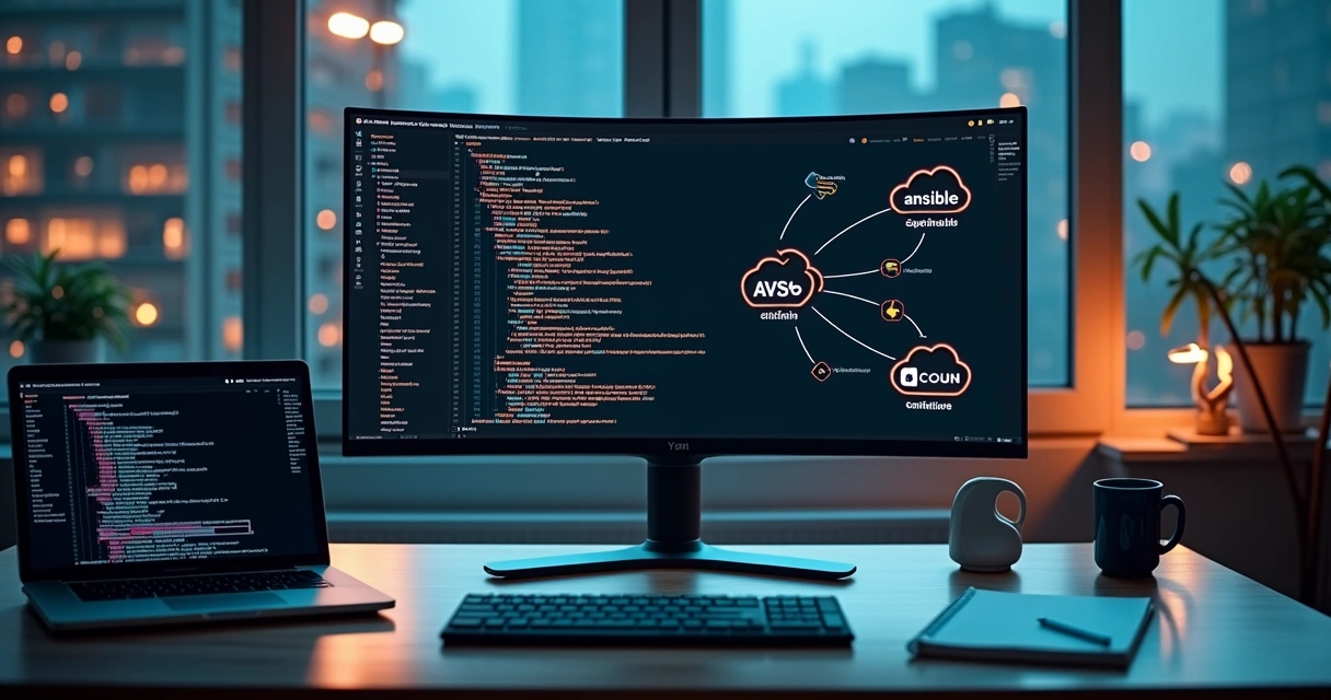 Painel com servidor e ícones de nuvem sendo automatizados por código Ansible 