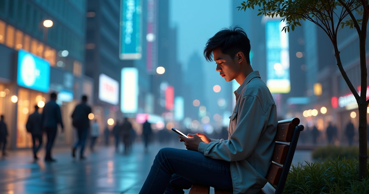 Persona en una ciudad nocturna usando móvil con calma rodeada de luces tecnológicas 