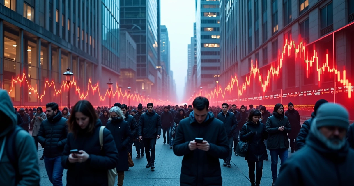 Multitud en ciudad con gráficos económicos en caída sobre sus cabezas 