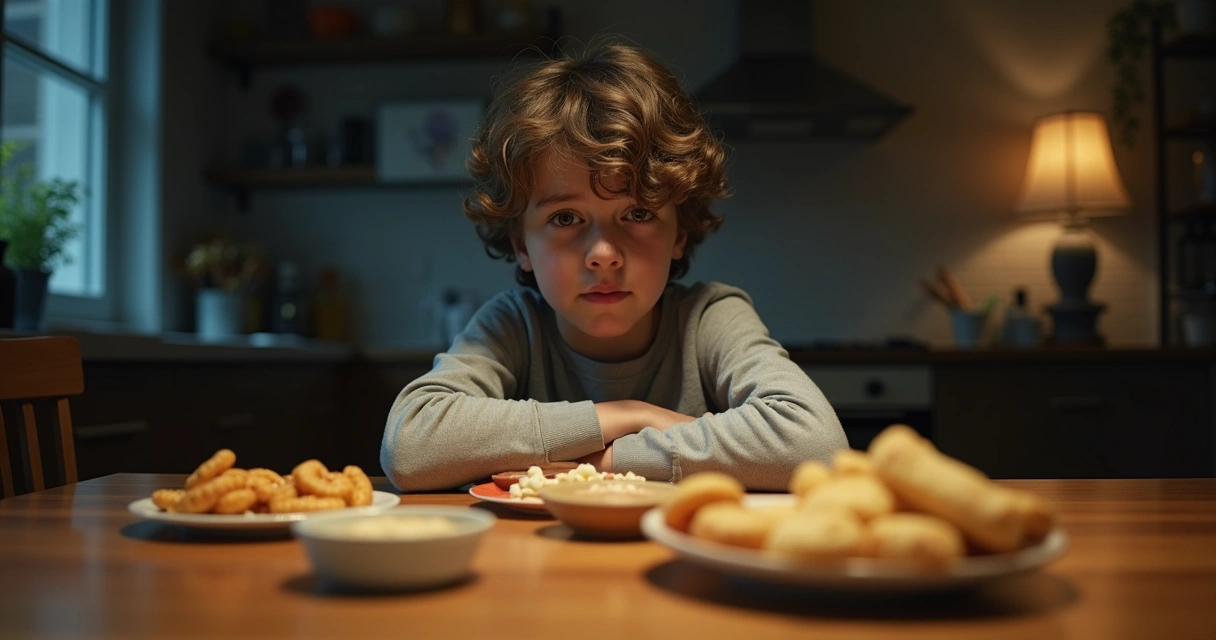 Persona sola sentada en la mesa con varios alimentos y gesto pensativo