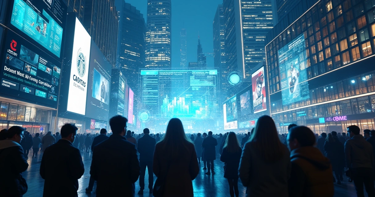 Multitud de personas en una ciudad rodeadas de pantallas digitales y tecnología que genera un ambiente de ansiedad