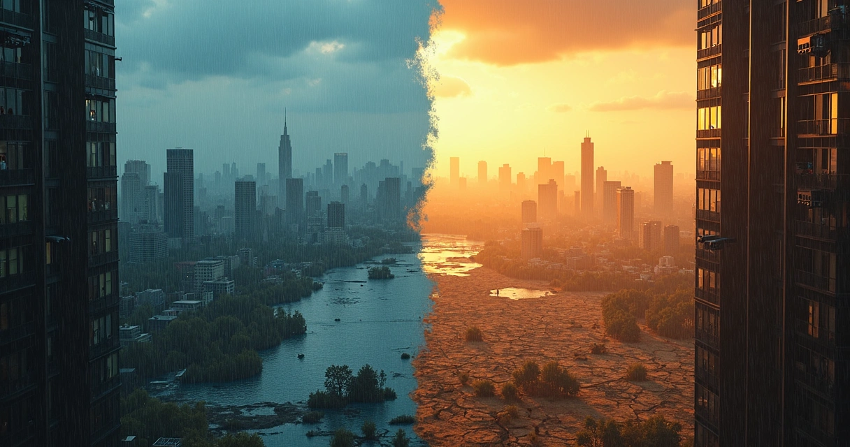 Paisagem urbana com diferentes eventos climáticos extremos, como enchente e seca. 