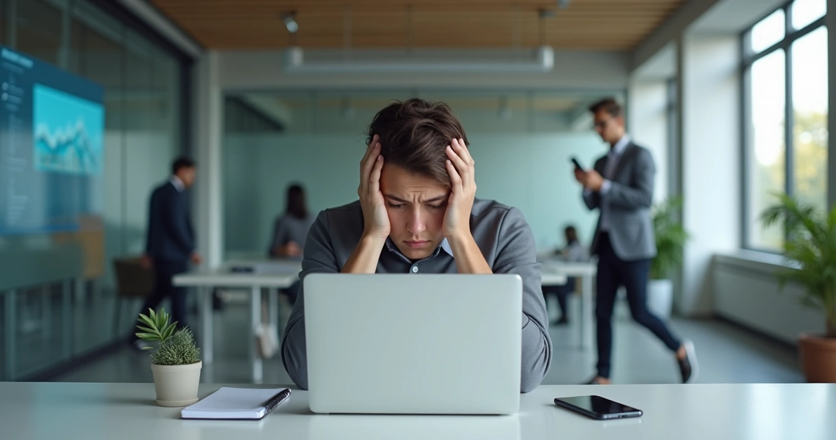 Profissional sentado em escritório moderno com expressão tensa segurando a cabeça diante de notebook 