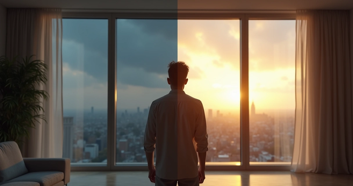 Pessoa observando horizonte por janela com cenário dividido entre tempestade e céu claro 