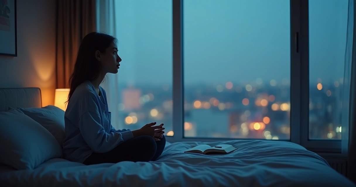 Mulher sentada na cama à noite olhando pela janela em postura pensativa 