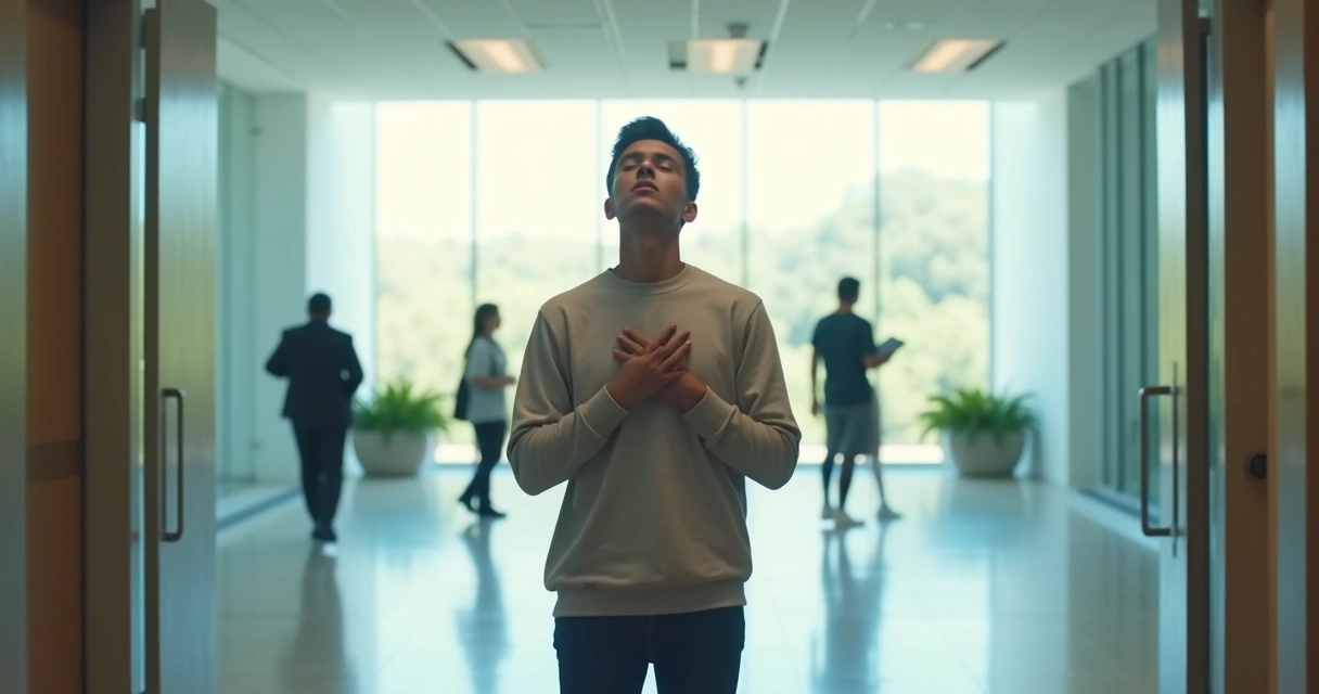 Pessoa jovem em ambiente desconhecido respirando fundo para lidar com ansiedade 