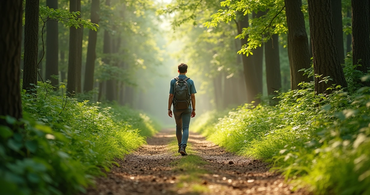 Pessoa caminhando em uma trilha de terra, cercada de árvores, com expressão determinada.