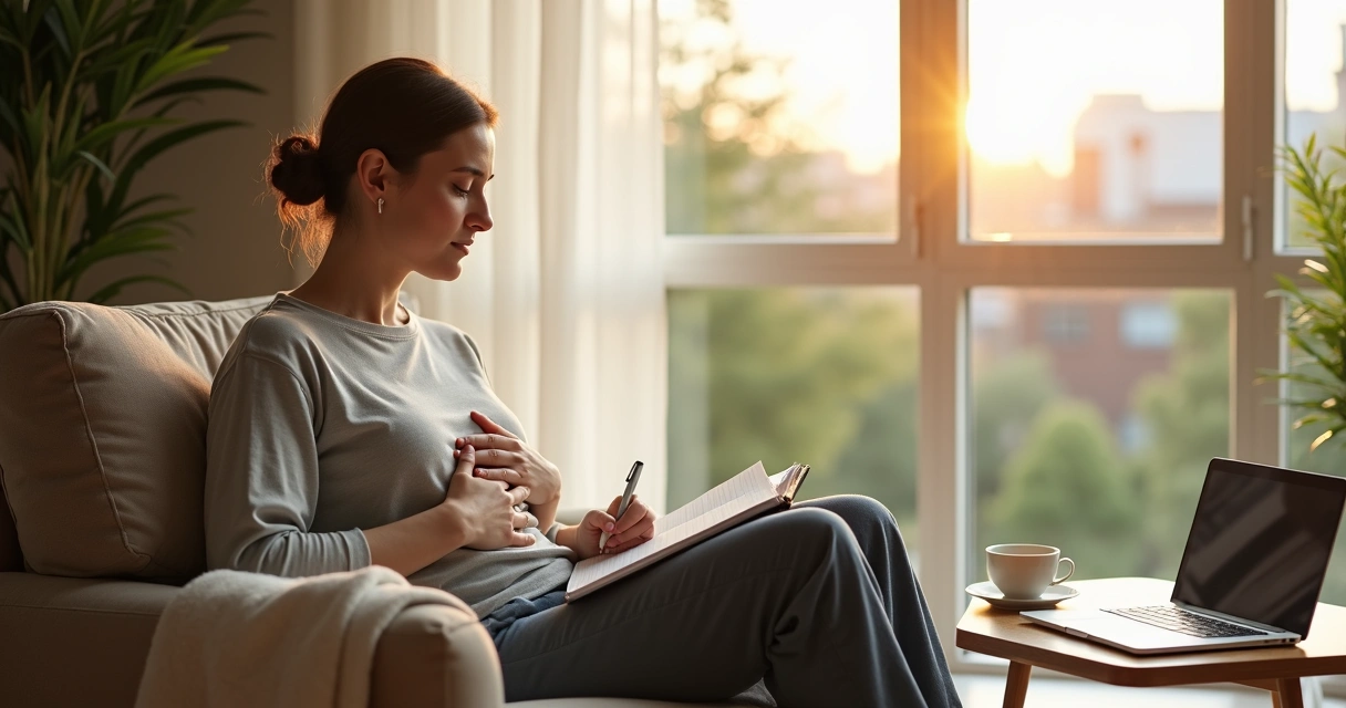 Pessoa sentada perto da janela respirando fundo e organizando pensamentos em um caderno 