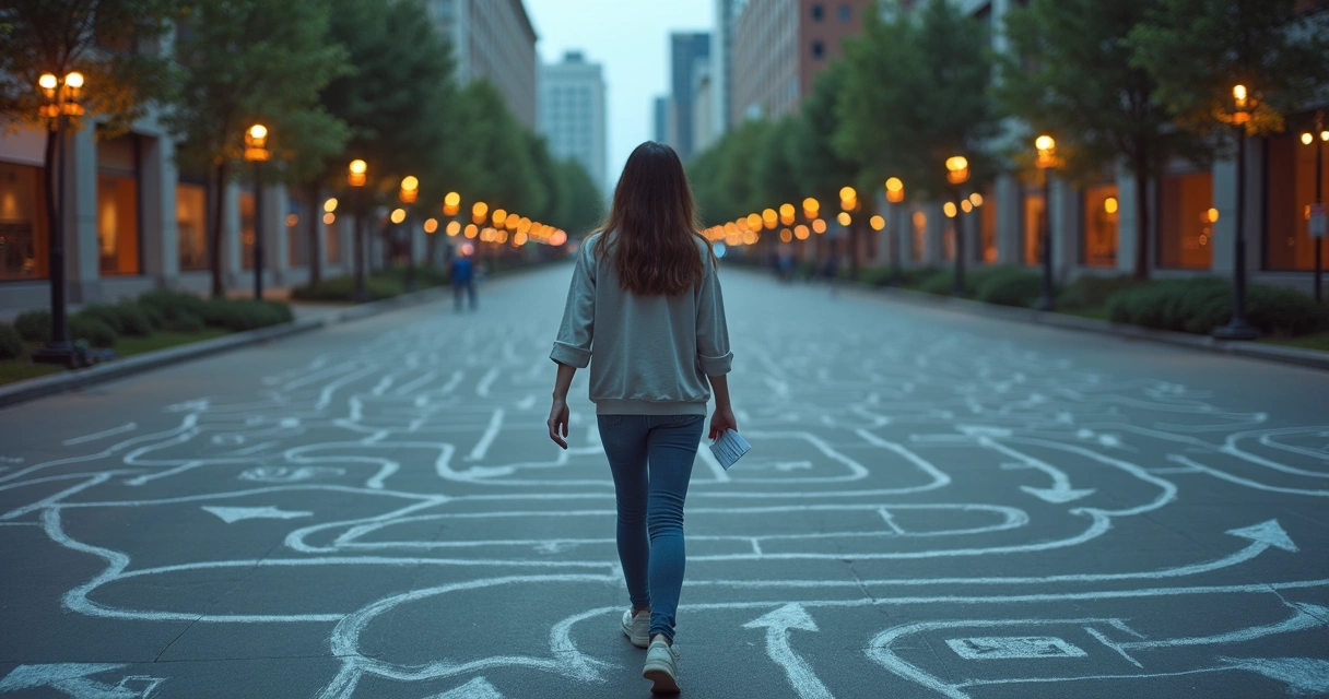 Pessoa andando sobre labirinto desenhado no chão simbolizando ansiedade e autossabotagem 