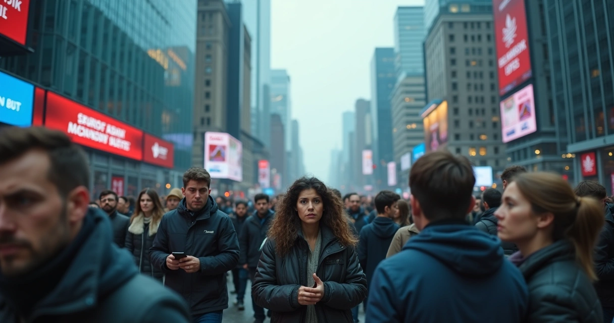 Grupo de pessoas em cidade grande com expressão preocupada e clima de tensão 