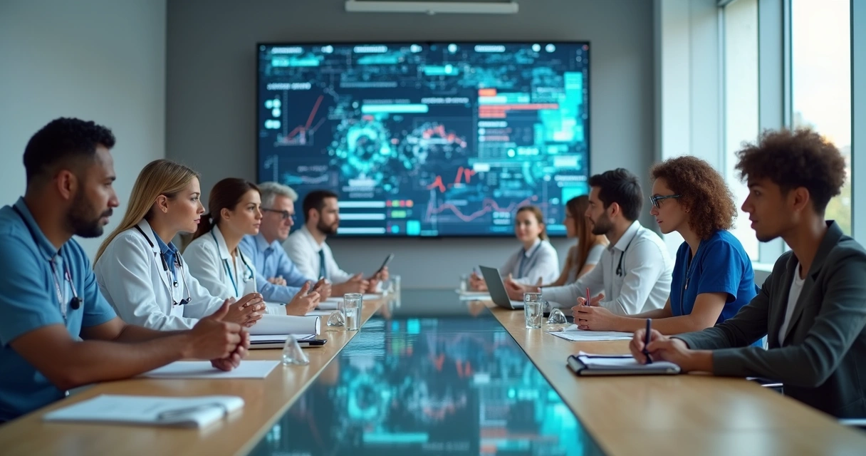 Equipe multiprofissional em sala de reunião com ondas invisíveis de tensão no ar 