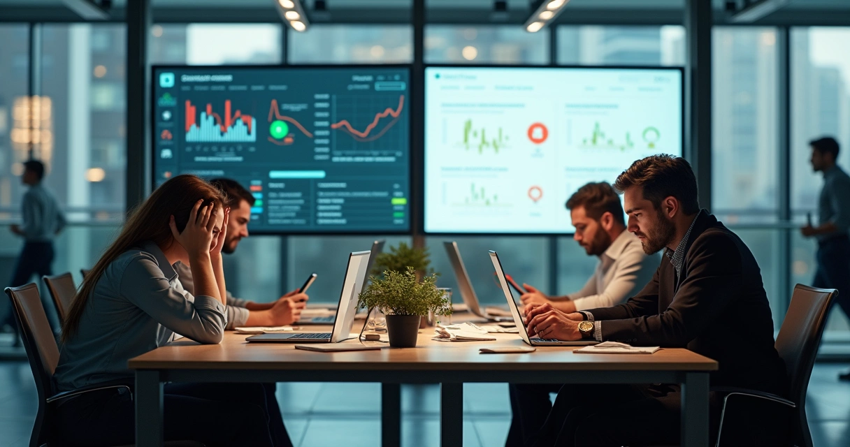 Equipe em escritório aberto com contraste entre ansiedade e foco na produtividade 