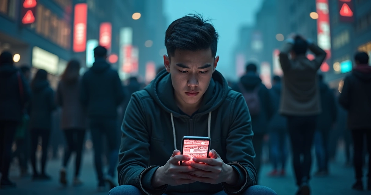 Pessoa lendo notícias no celular cercada por multidão ansiosa 