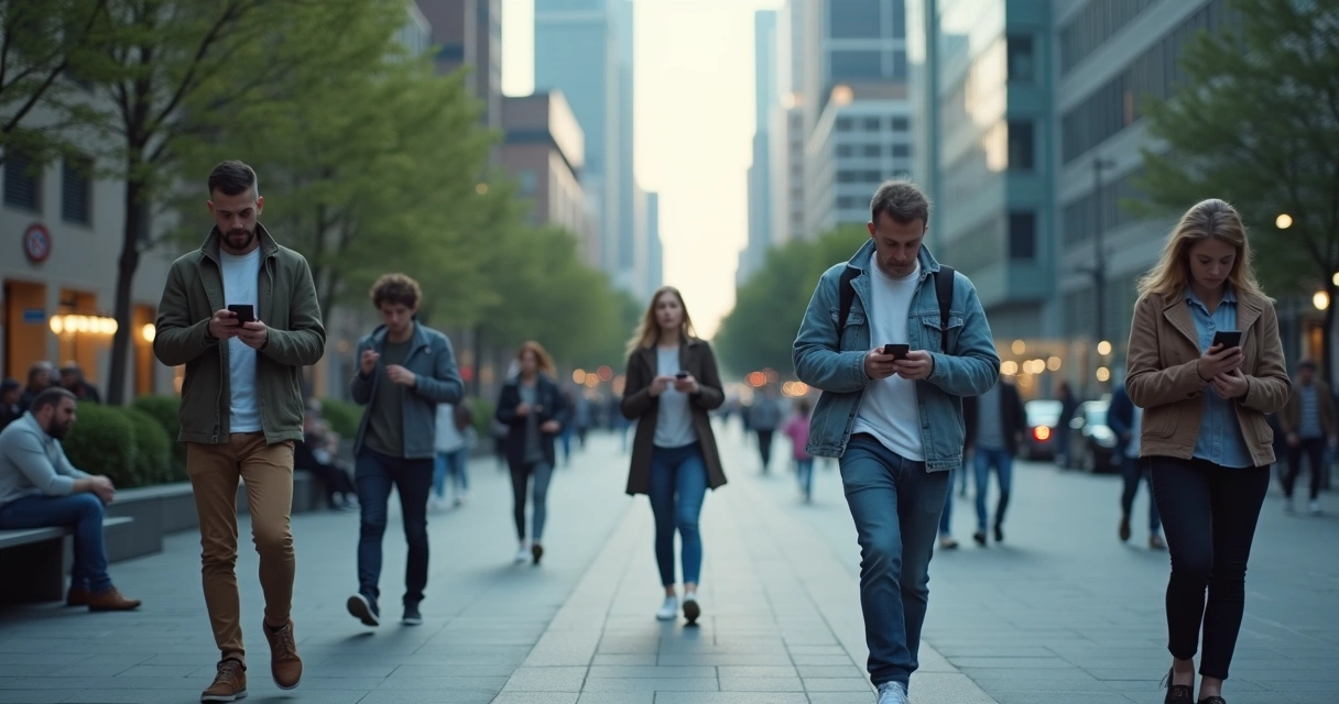 Grupo de pessoas em ambiente urbano conectadas por ondas sutis representando ansiedade coletiva 