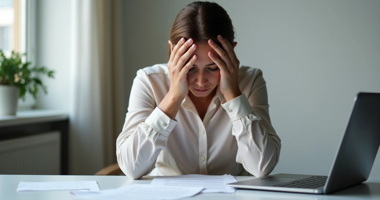 Mulher adulta sentada, expressão de ansiedade, ambiente de trabalho 