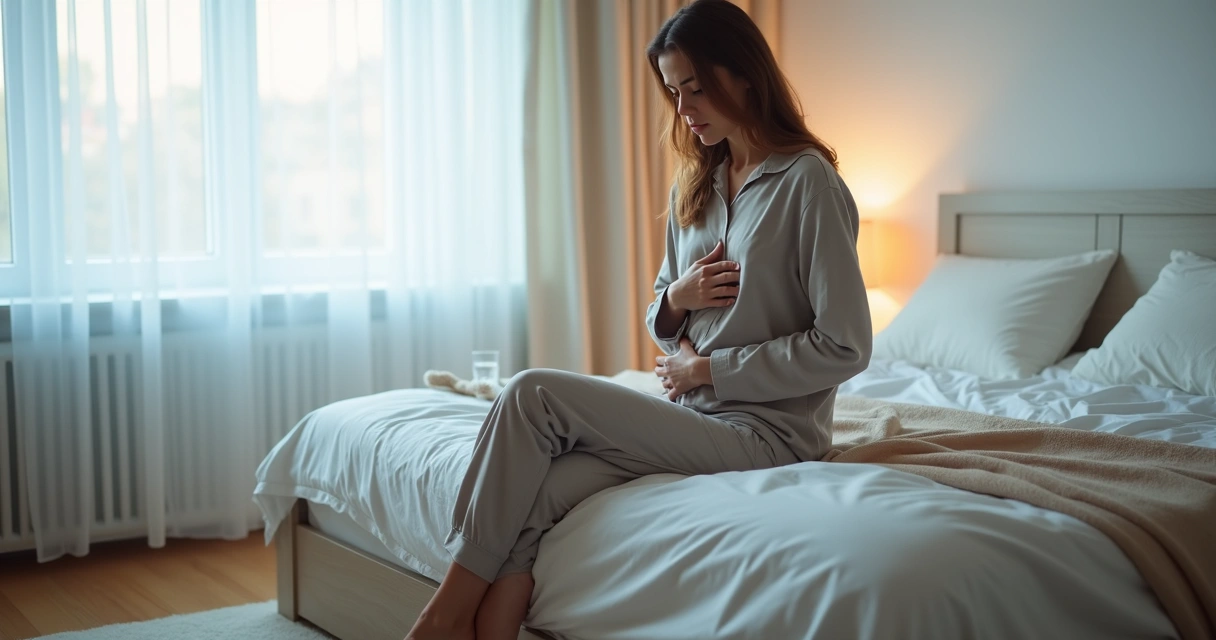 Mulher sentada na cama tocando o peito e o estômago com expressão preocupada 
