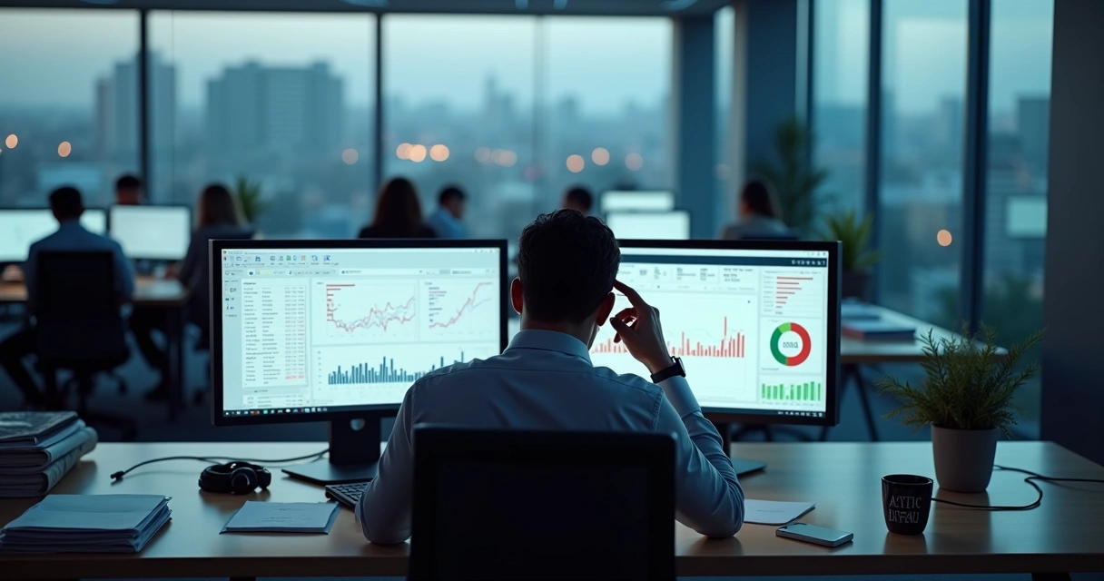 Profissional em escritório moderno sobrecarregado com gráficos e telas de trabalho 