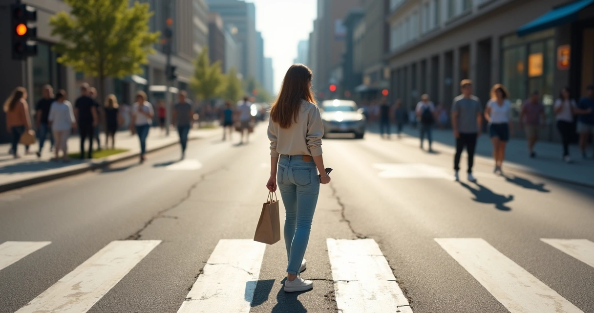 Pessoa em pé em faixa de pedestres com sombras duplicadas apontando caminhos opostos 