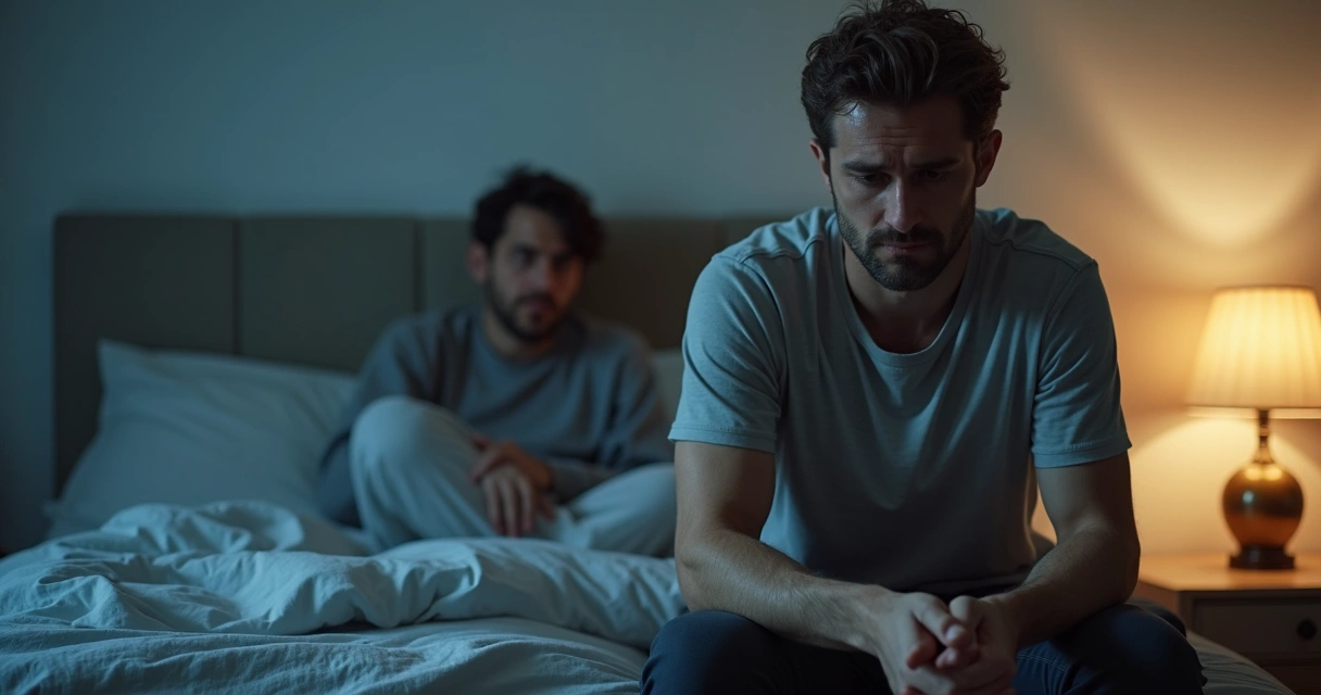 Homem preocupado sentado na cama ao lado da parceira com clima de tensão no quarto 