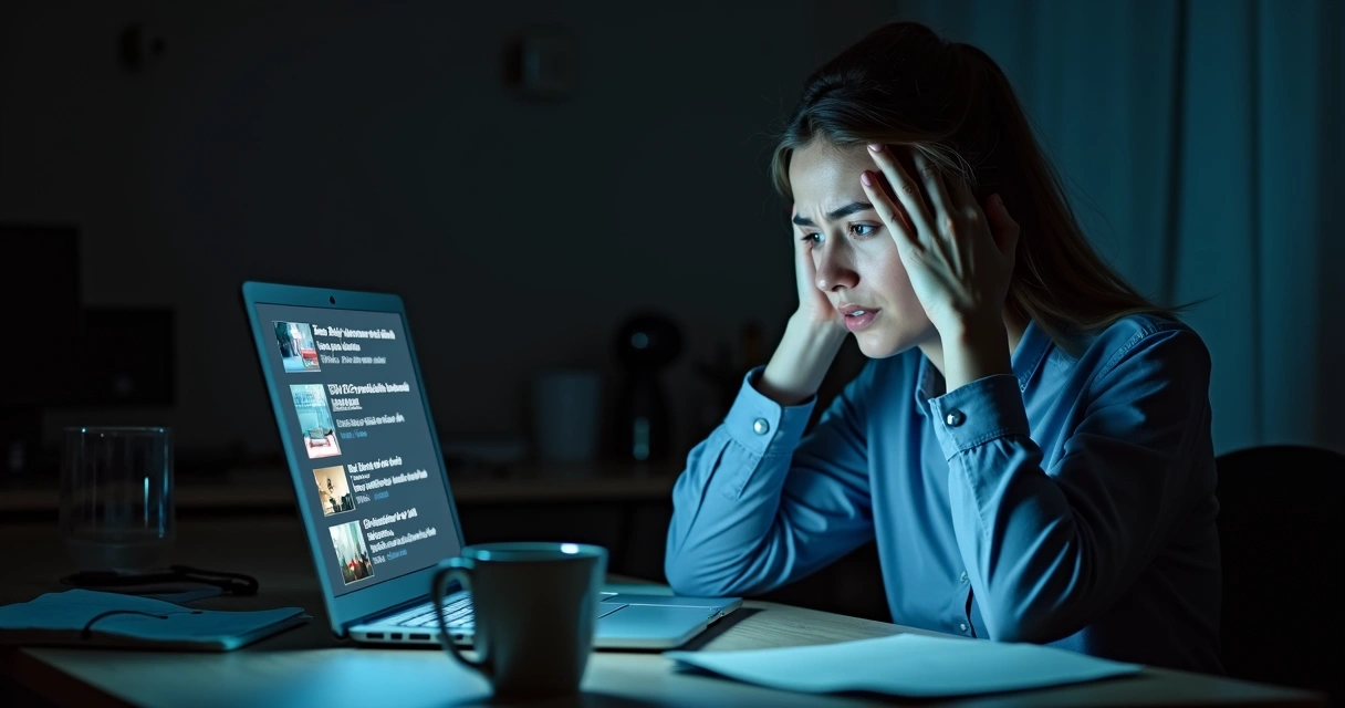 Mulher olhando preocupada para tela de notebook cheia de notícias 