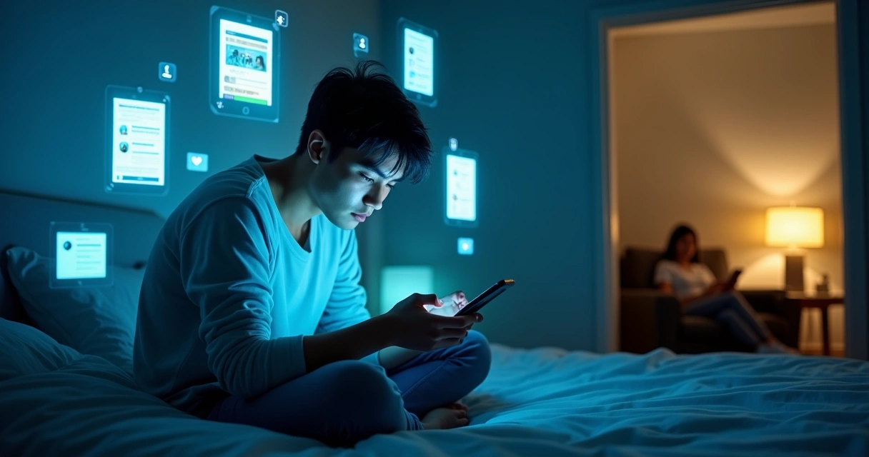 Pessoa cercada por telas digitais em um ambiente escuro simbolizando ansiedade e distanciamento nas relações 