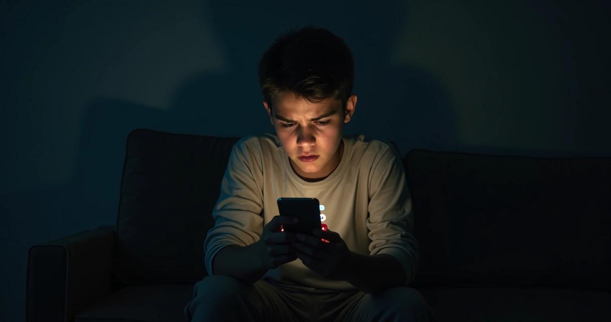 Jovem olhando ansioso para o celular, sentado sozinho em ambiente escuro 