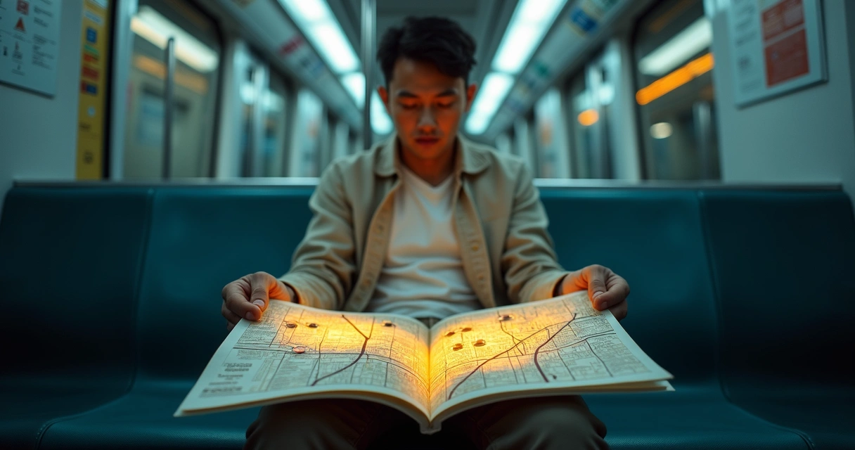 Pessoa em metrô segurando mapa com decisões destacadas em luz suave 