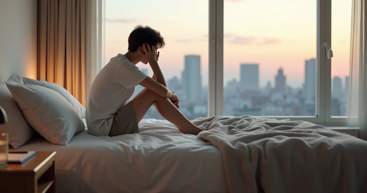 Pessoa sentada refletindo diante de janela com luz suave e paisagem urbana ao fundo 