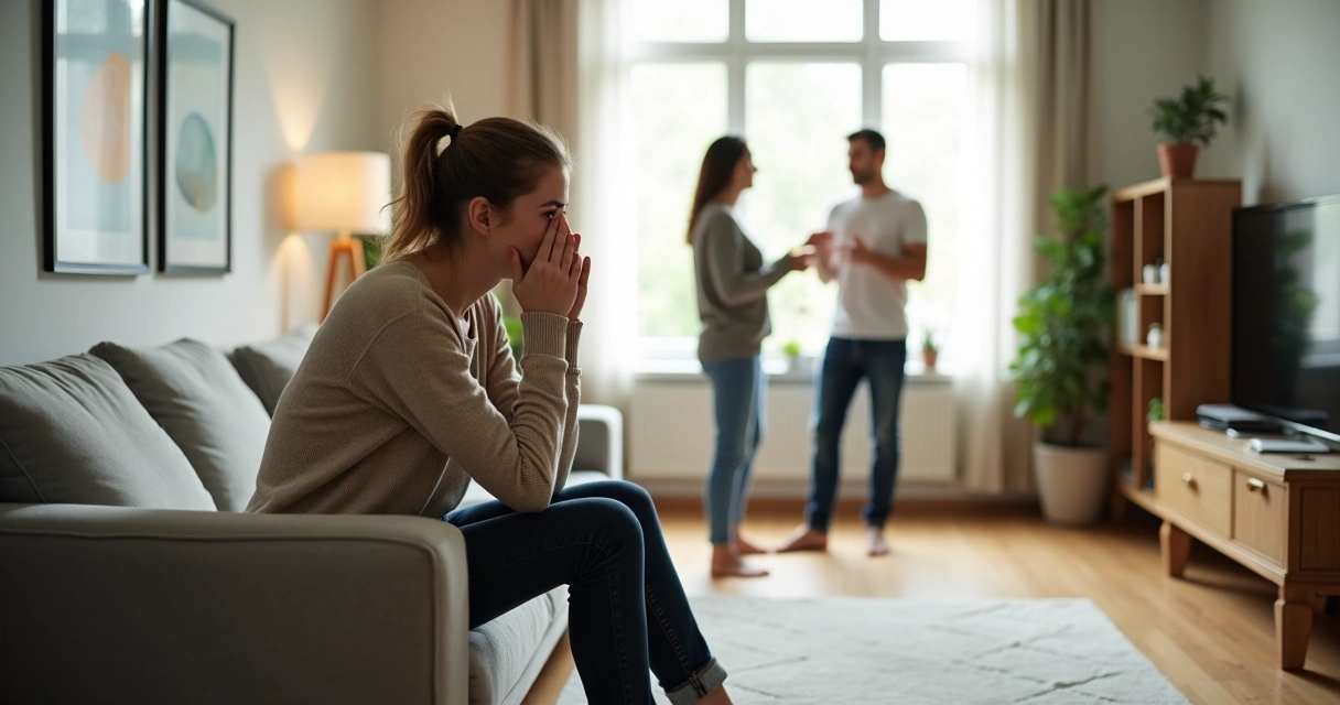 Mulher jovem ansiosa sentada em sofá enquanto família discute ao fundo 