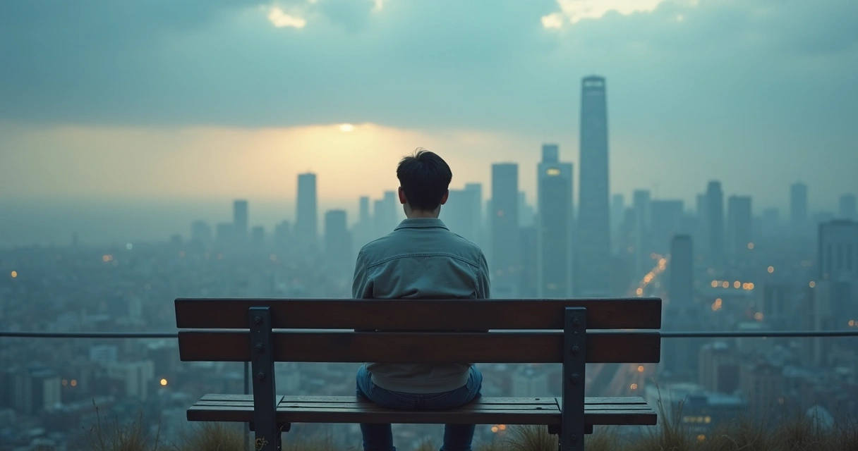 Pessoa sentada em um banco olhando a cidade nublada ao longe 