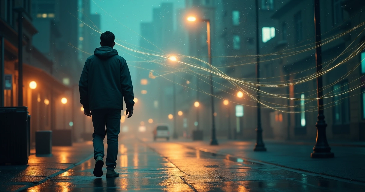 Pessoa caminhando por cidade à noite com trajetória luminosa organizada no céu 