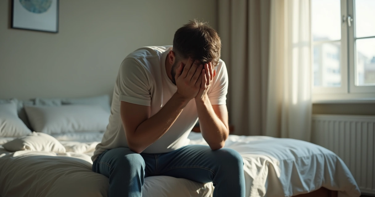 Homem sentado na cama com expressão preocupada e mãos no rosto, ambiente iluminado 