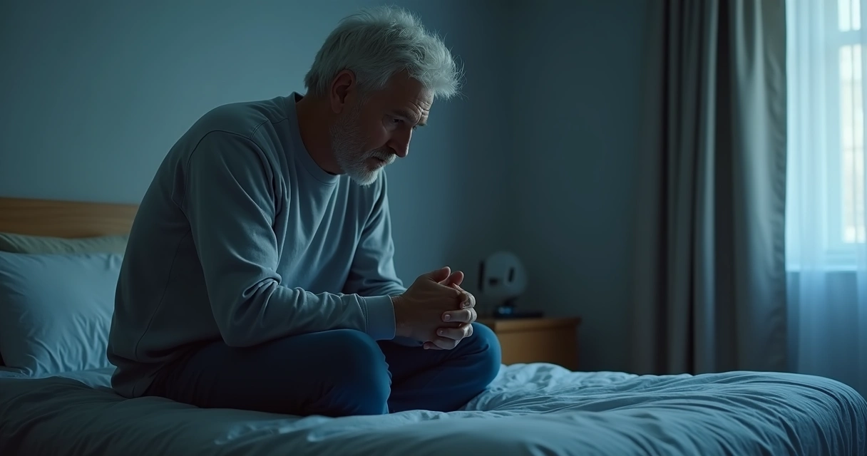 Homem sentado na beira da cama olhando para baixo