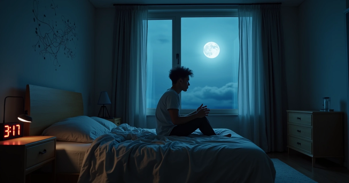 Pessoa acordada à noite sentada na cama olhando pela janela iluminada pela lua 