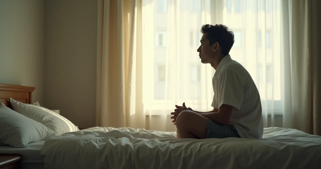 Pessoa sentada na cama olhando para a janela, mostrando preocupação e isolamento. 