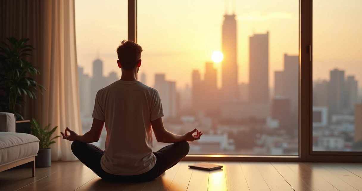 Pessoa sentada em posição de meditação olhando pela janela para uma cidade desfocada ao fundo 