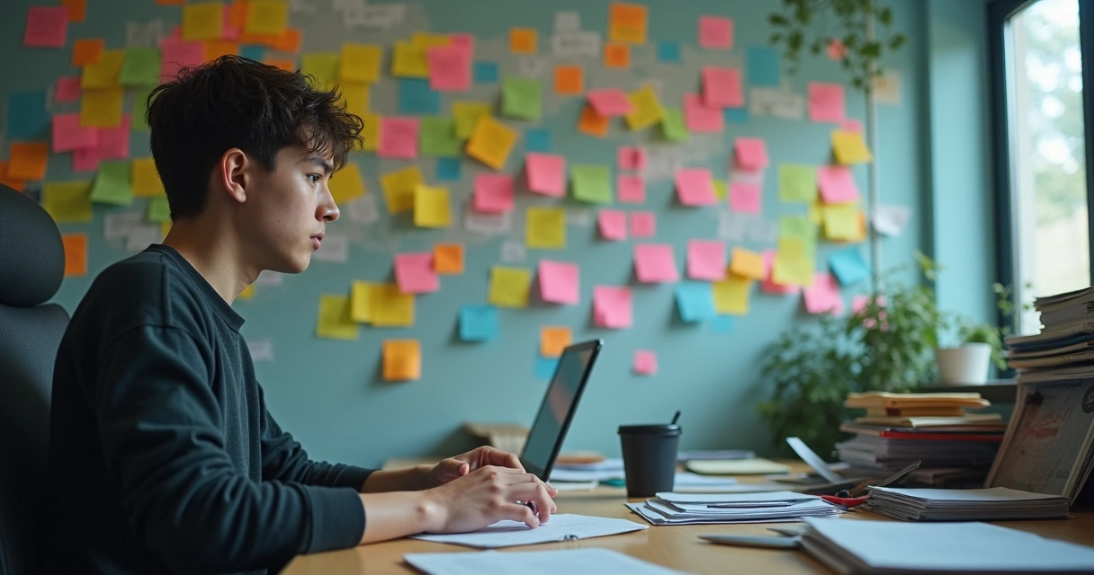 Pessoa olhando para uma pilha de papéis enquanto notas adesivas coloridas estão coladas ao redor 