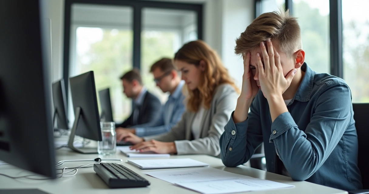 Profissional sentado à mesa de escritório olhando preocupado para a tela do computador 