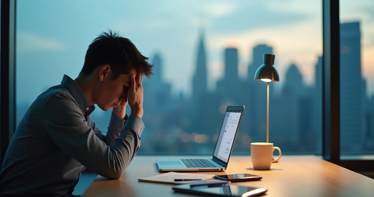 Profissional sentado à mesa de trabalho com expressão ansiosa segurando a cabeça 