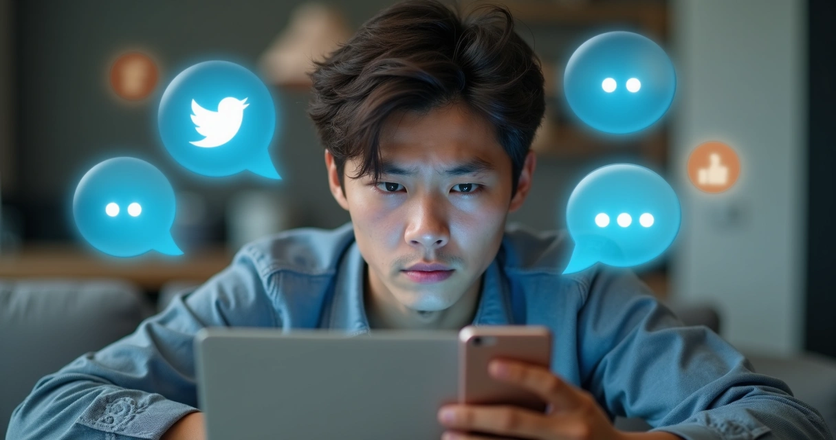 Pessoa olhando para o celular em ambiente digital, expressão preocupada, notificações ao redor 