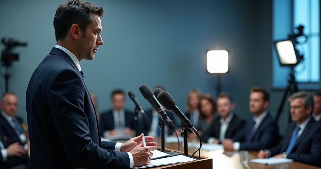 Profissional de comunicação ansioso diante de jornalistas e câmeras em coletiva de imprensa 